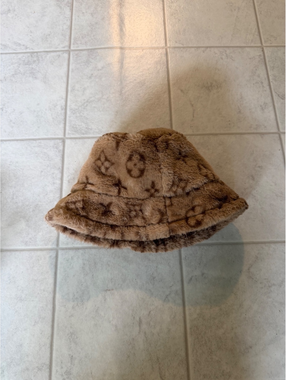 Brown Faux Fur Monogram Bucket Hat